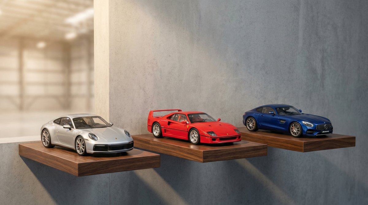 Magazyn Models118 w Częstochowie z kolekcjonerskimi modelami samochodów na półkach wystawowych